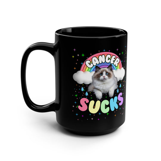 Cancer Sucks But Here's a Cutie Cat 15oz Black Coffee Mug