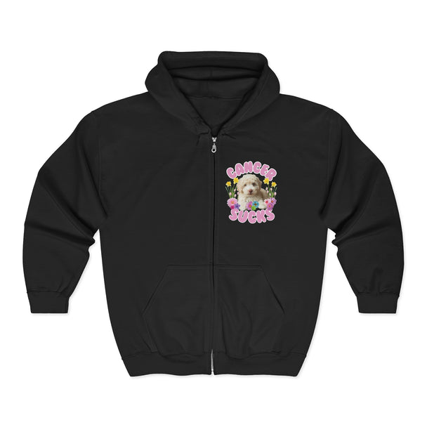Cancer Sucks Cute Puppy – Floral Dog Cancer Awareness Gift for Survivors, Fighters & Supporters - Zip Up Hoodie