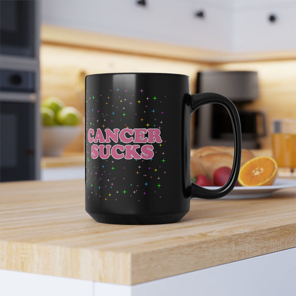 Cancer Sucks Sparkle Stars 15oz Black Coffee Mug