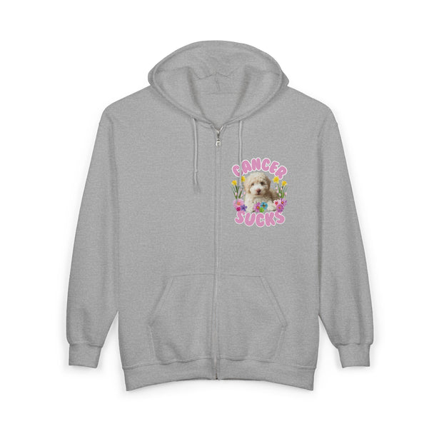 Cancer Sucks Cute Puppy – Floral Dog Cancer Awareness Gift for Survivors, Fighters & Supporters - Zip Up Hoodie
