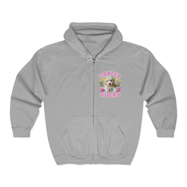 Cancer Sucks Cute Puppy – Floral Dog Cancer Awareness Gift for Survivors, Fighters & Supporters - Zip Up Hoodie
