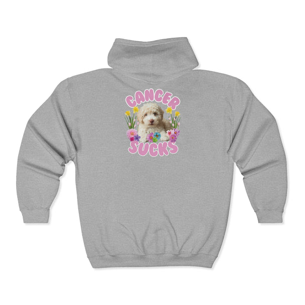 Cancer Sucks Cute Puppy – Floral Dog Cancer Awareness Gift for Survivors, Fighters & Supporters - Zip Up Hoodie