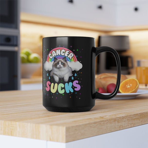 Cancer Sucks But Here's a Cutie Cat 15oz Black Coffee Mug