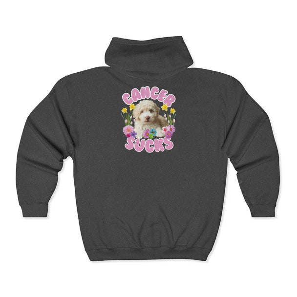 Cancer Sucks Cute Puppy – Floral Dog Cancer Awareness Gift for Survivors, Fighters & Supporters - Zip Up Hoodie