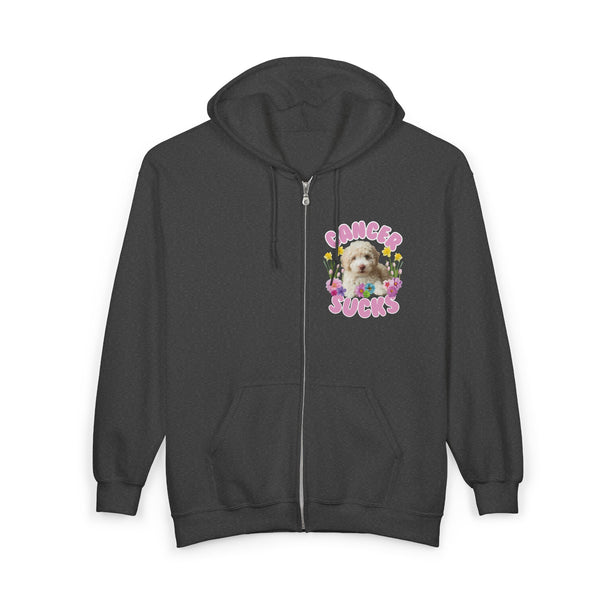 Cancer Sucks Cute Puppy – Floral Dog Cancer Awareness Gift for Survivors, Fighters & Supporters - Zip Up Hoodie