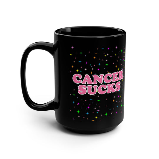 Cancer Sucks Sparkle Stars 15oz Black Coffee Mug