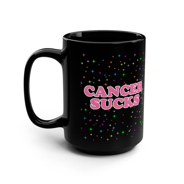 Cancer Sucks Sparkle Stars 15oz Black Coffee Mug