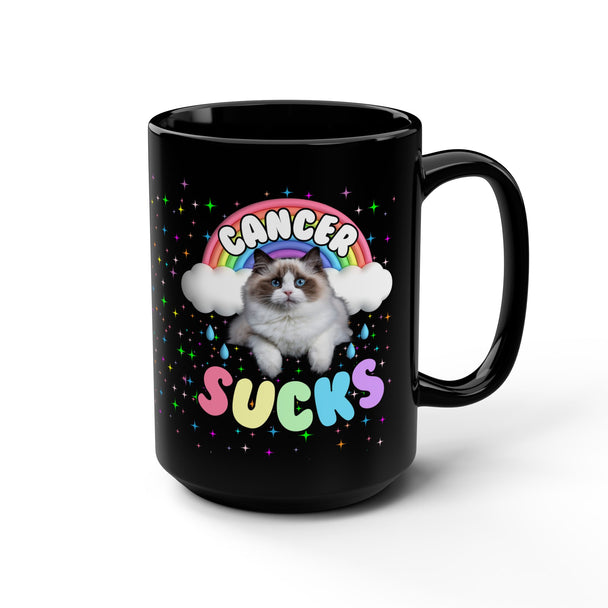 Cancer Sucks But Here's a Cutie Cat 15oz Black Coffee Mug